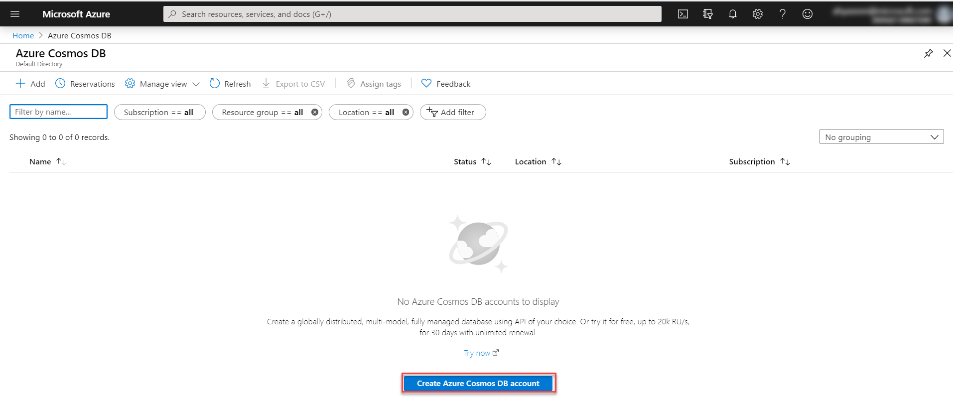 Microsoft Azure portal - Create Azure Cosmos DB