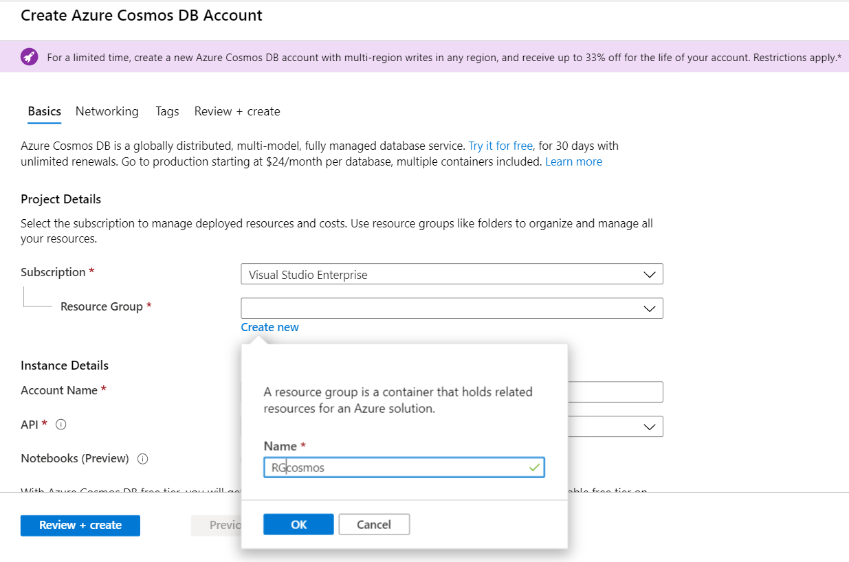 Microsoft Azure portal - Select Subscription  and resource group.