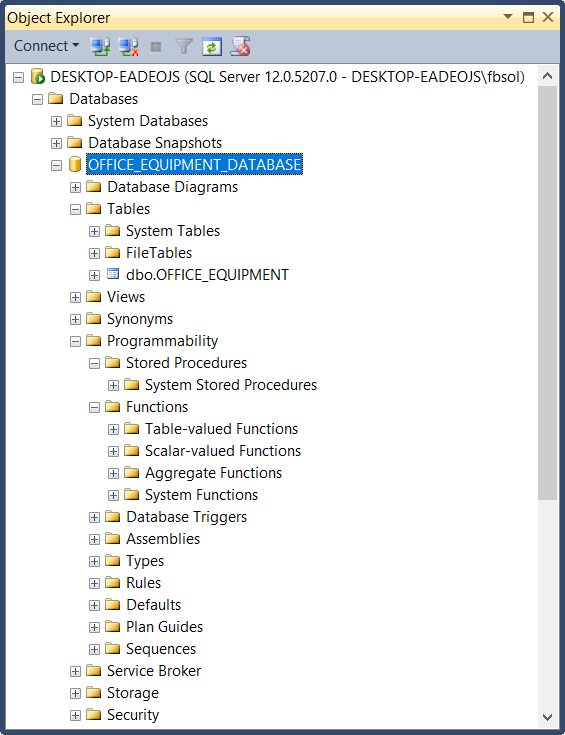 The OFFICE_EQUIPMENT_DATABASE, as seen in the SQL Server Object Explorer.