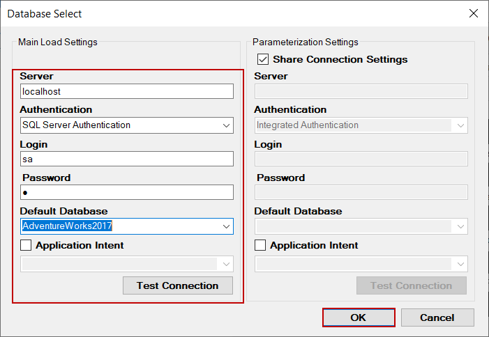 Database settings of the SQLQueryStress