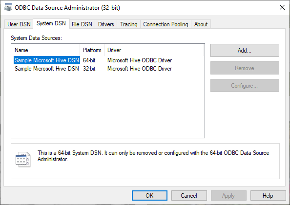 Microsoft Hive ODBC DSN samples