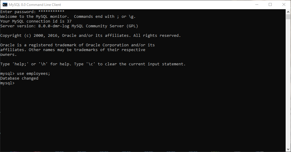 MySQL create table example: connect to the employee database