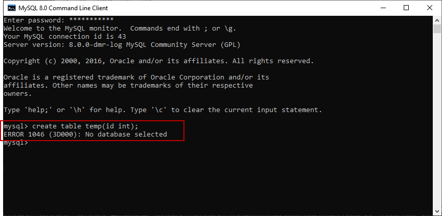 MySQL create table example: Database not selected error