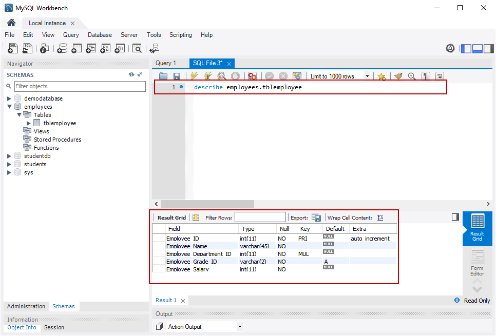 MySQL create table example: View table definition in MySQL workbench