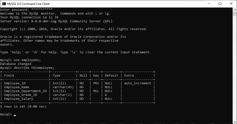 MySQL create table example:View table definition using query.