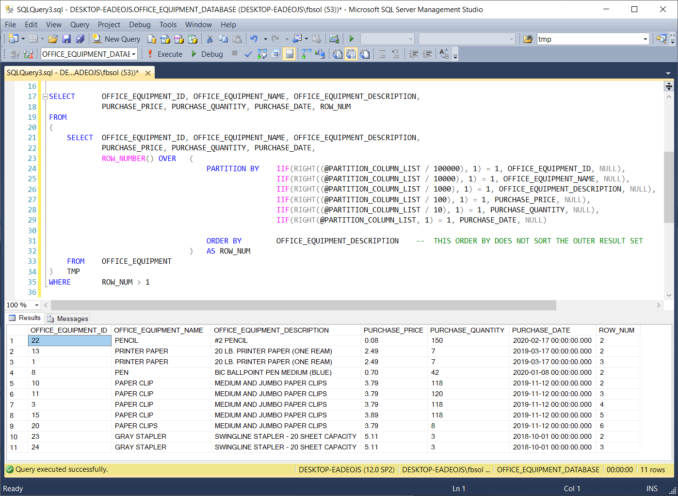 Run the DYNAMIC_ROW_NUMBER_PARTITIONS stored procedure with a T-SQL EXEC statement, and see the result set.