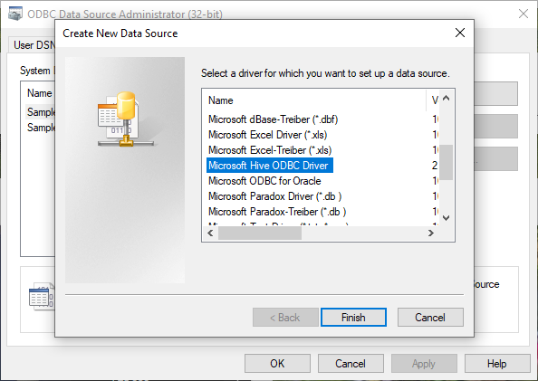 Selecting Microsoft Hive ODBC driver