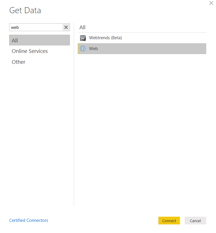 Selecting the 'Web' data source.