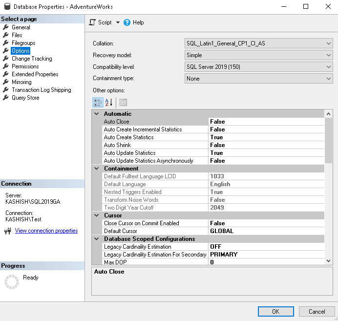 SQL database properties