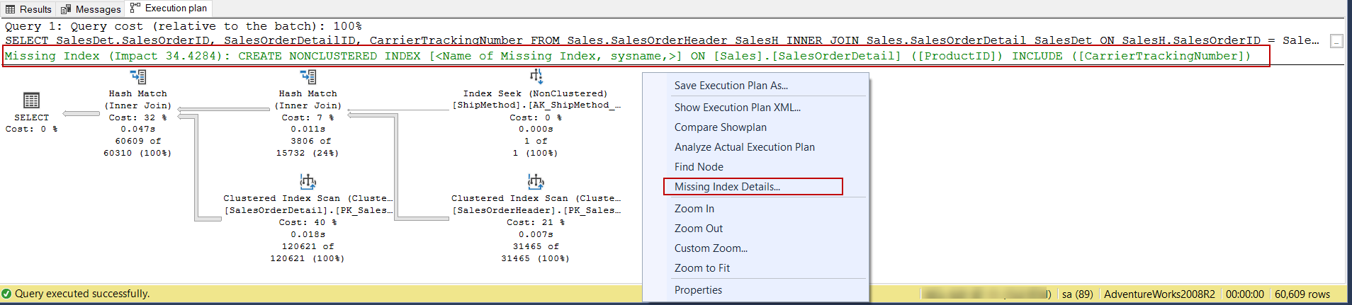 SQL Server query tuning and missing index