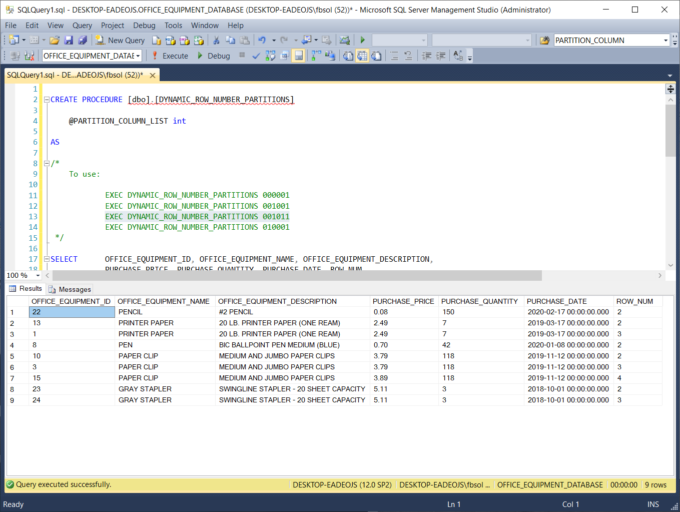 Testing the DYNAMIC_ROW_NUMBER_PARTITIONS stored procedure, with a T-SQL EXEC statement.