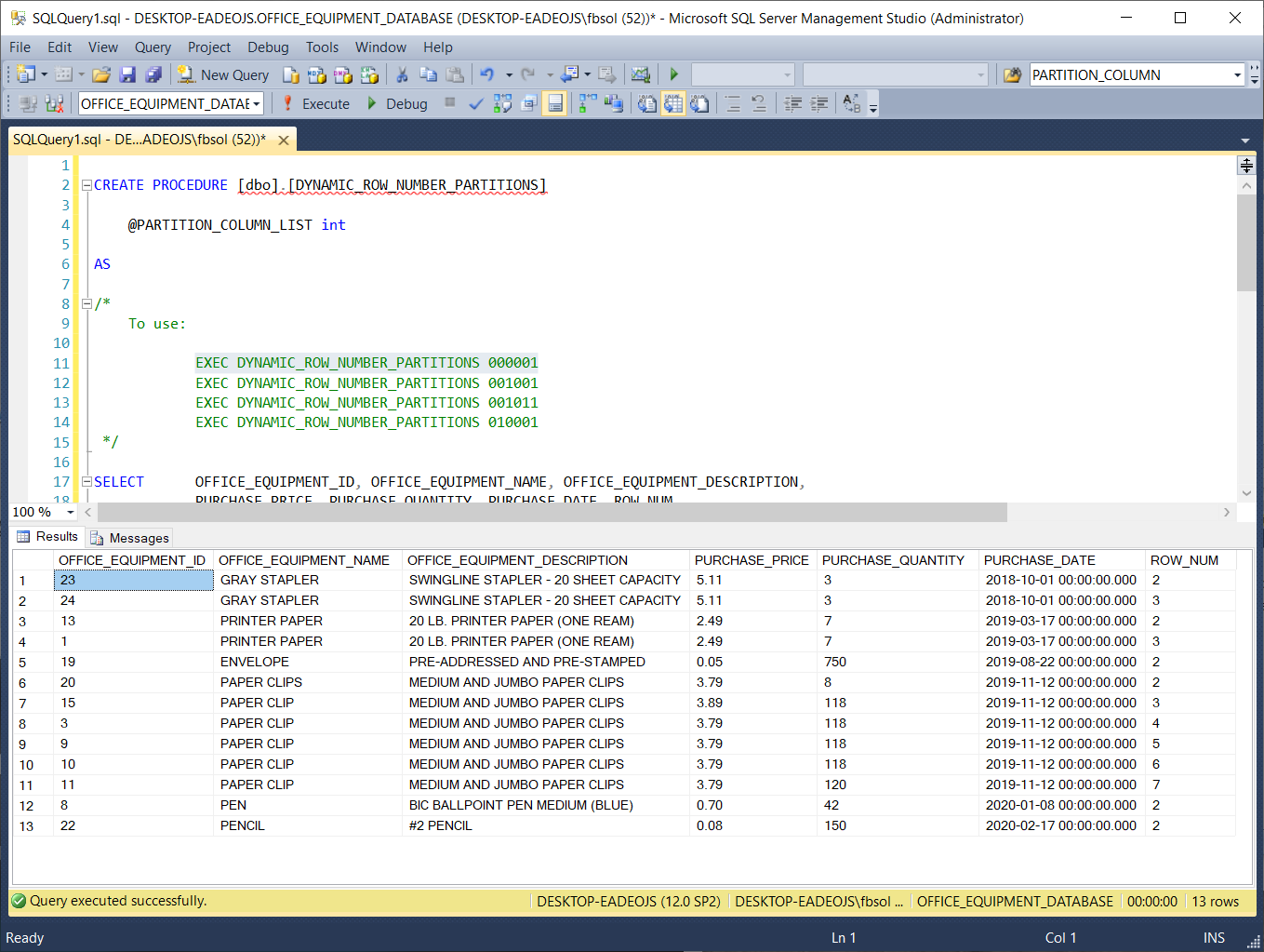 Testing the DYNAMIC_ROW_NUMBER_PARTITIONS stored procedure, with a T-SQL EXEC statement.