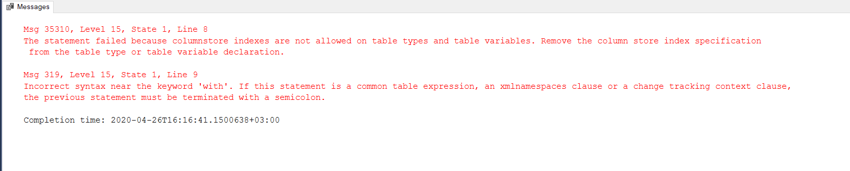 The statement failed because columnstore indexes are not allowed on table types and table variables