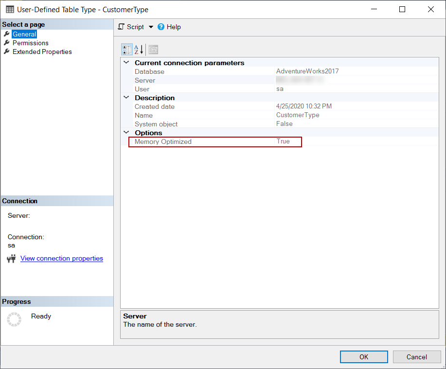 User-defined table type screen in the SSMS