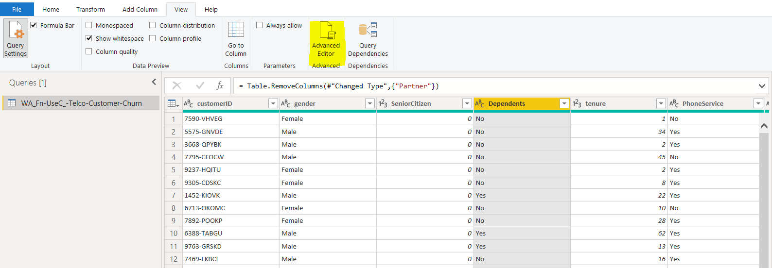 Using 'Advanced Editor' in Query Editor to show all M language queries.