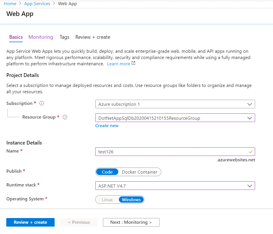 Configuring Web App settings for application connected to Azure SQL Database instance