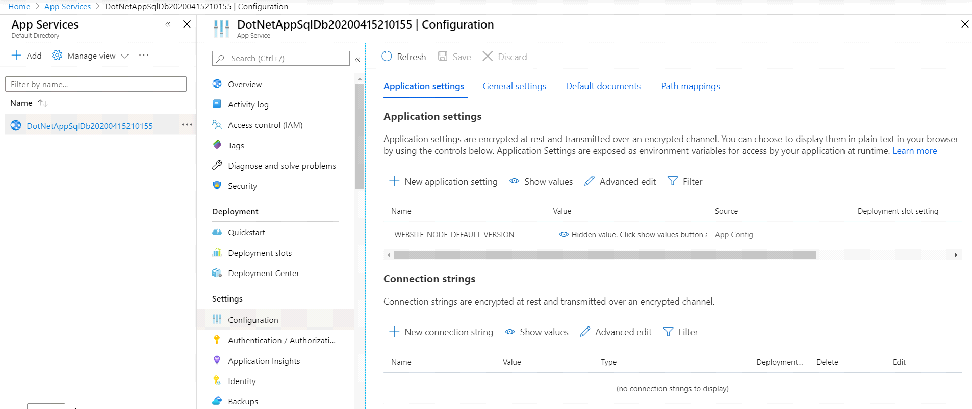 Configure Azure SQL Database Connection string through App Services in portal