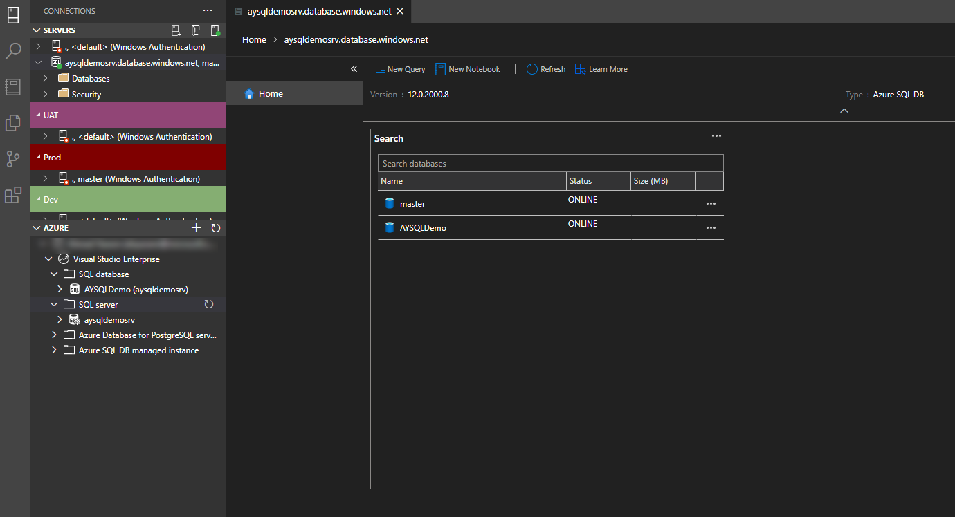 Azure SQL DB Home page