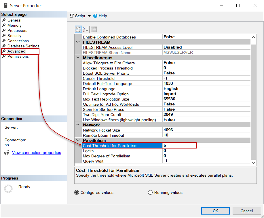 Change cost threshold for parallelism on SSMS