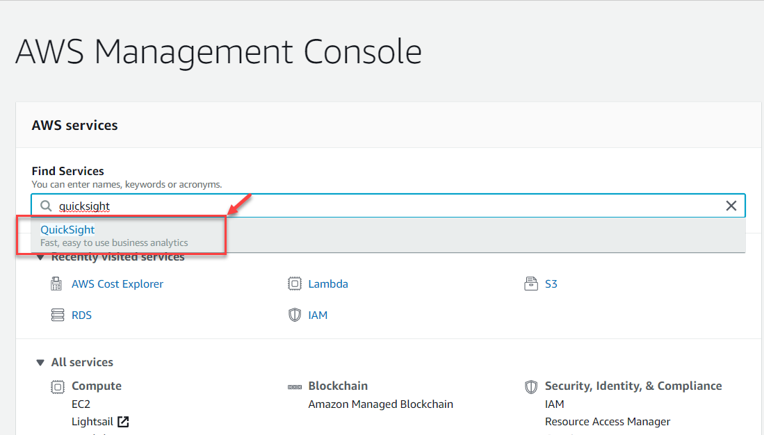 Search for QuickSight 