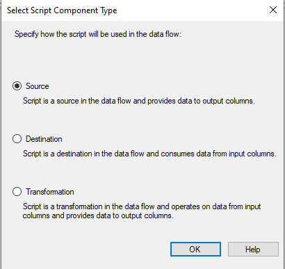 Selection of the Script component Type in the SSIS Script Component