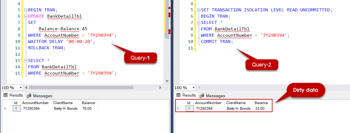 SQL Server dirty read example.
