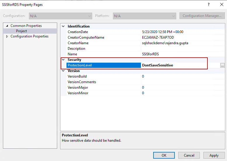 SSIS package protection level