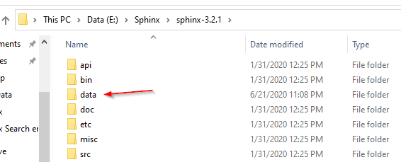 Adding the data directory to the Sphinx search engine installation folder