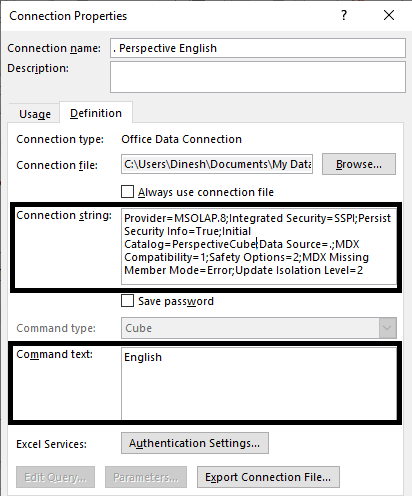 Connection String option in Excel.
