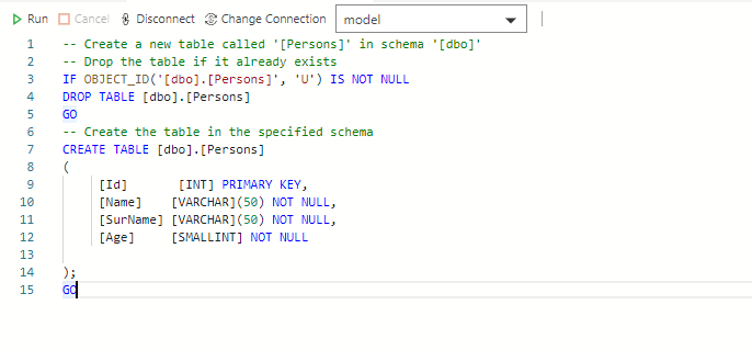 Create a table on Azure Data Studio