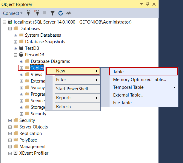 Create a table using SSMS