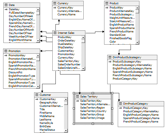 Data Source View for the proposed OLAP cube for Fact Internet Sales with user friendly names. 