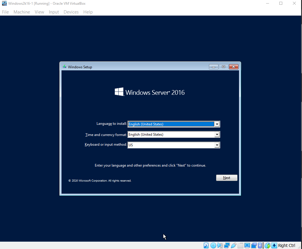 Install Windows Server 2016 on Virtual machine