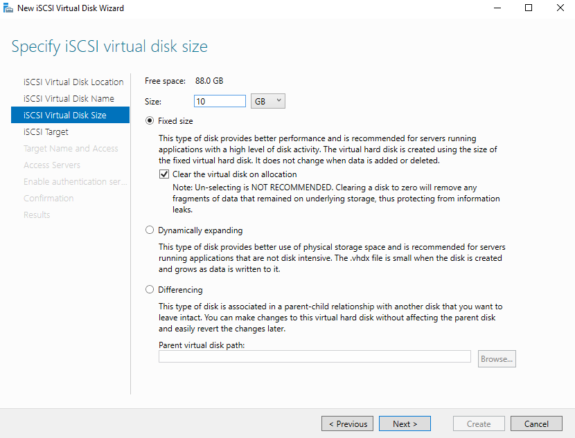 iSCSI virtual disk size