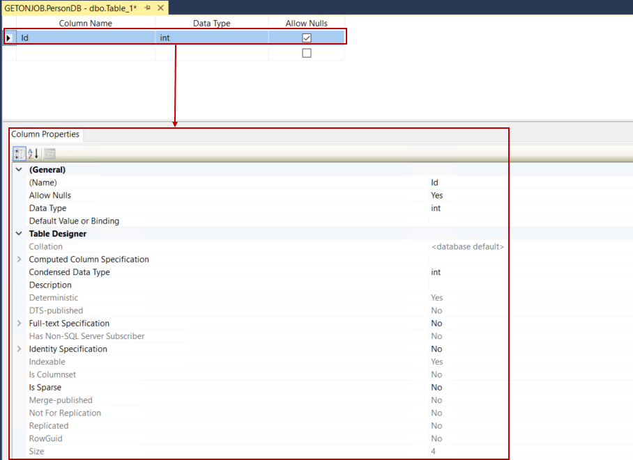  Property of a column in SSMS