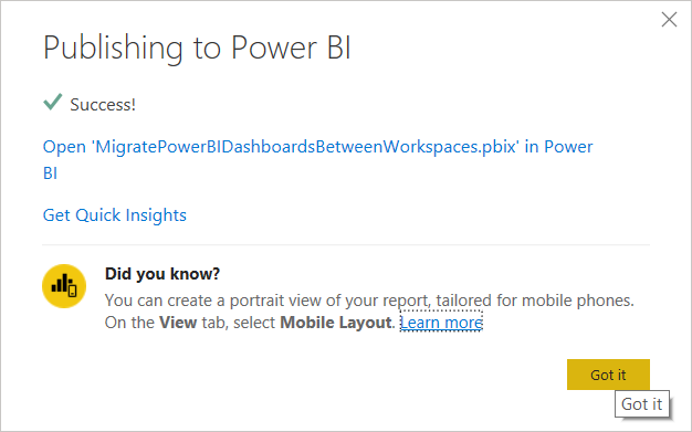 Publishing to the Power BI Desktop successful