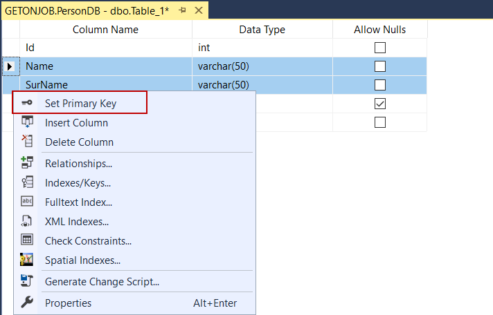 Set a column as primary key