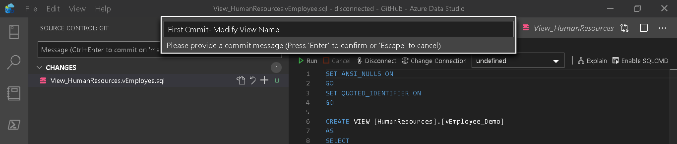 Specify a commit message and press Enter