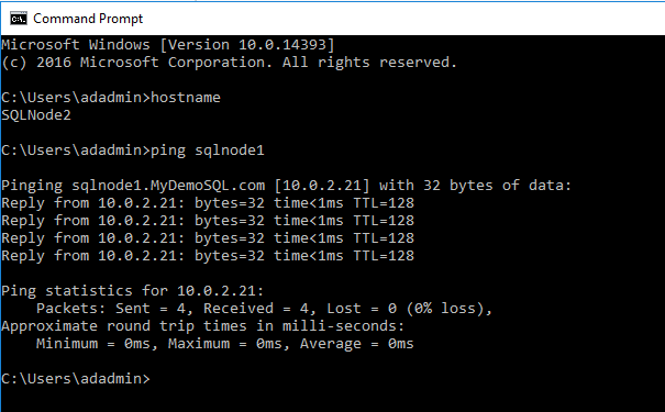 SQLNode2 to SQLNode1 ping