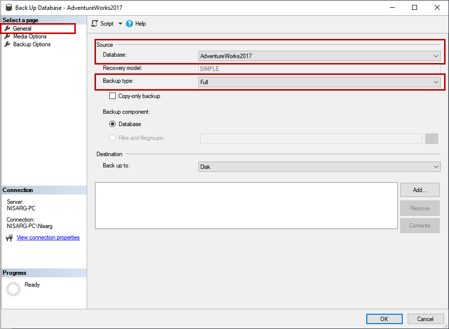 SSMS 2016 Backup Database dialog box