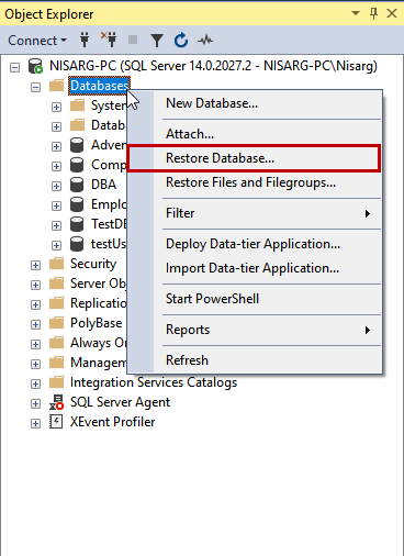 SSMS 2016 restore backup