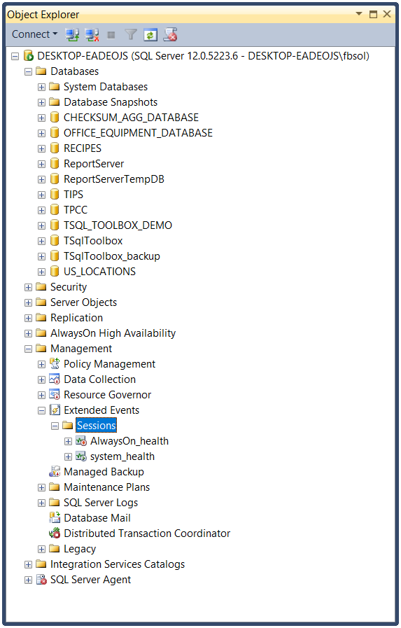 The SQL Server Object Explorer. Drill down to the Sessions option.