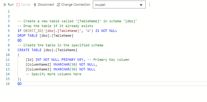 Using code snippets to create a new SQL table