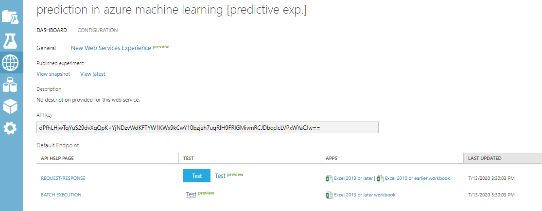 Webservice for Prediction in Azure Machine Learning. 