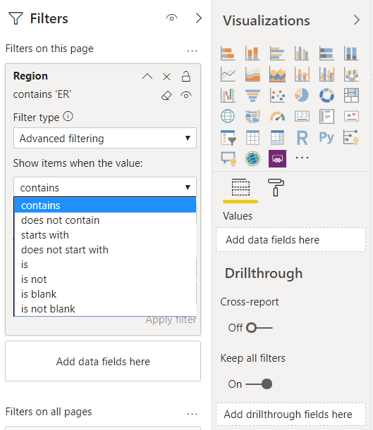 Advanced filtering options for text / string data types