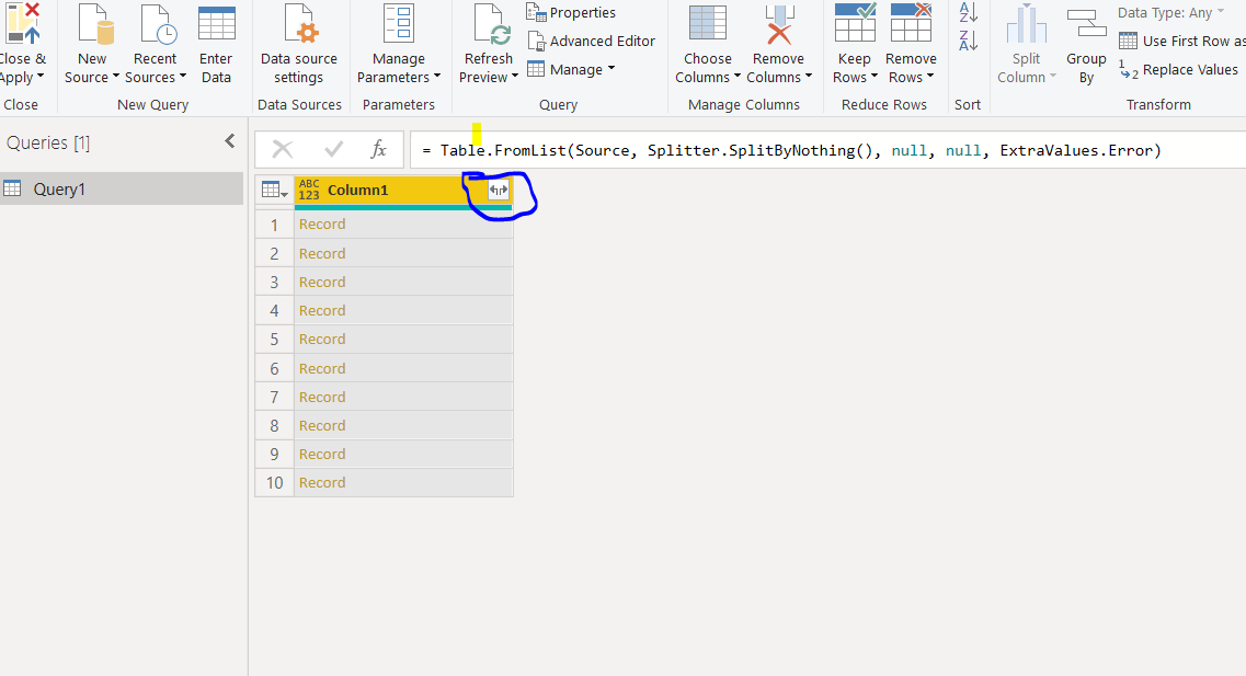 Clicking the <-> symbol to extend the column of data