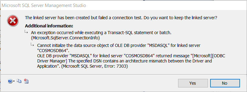 Connecting to a Cosmos DB using an ODBC driver built with the Microsoft Azure Cosmos DB ODBC 64-bit.msi tool could lead to an error.