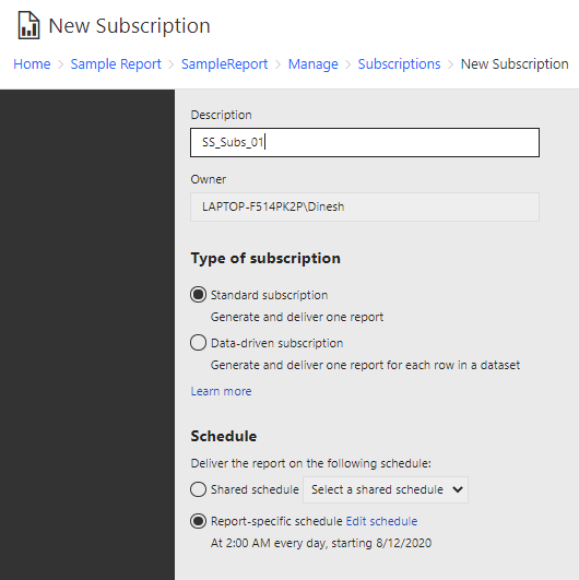 Creating a Standard Subscription in SSRS