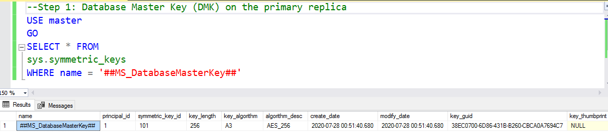 Database Master Key (DMK) on the primary replica