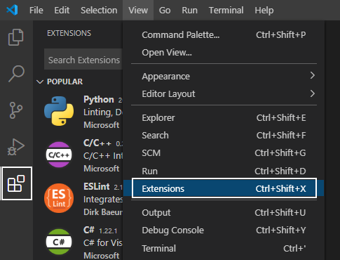 Extensions option from the main menu in Visual Studio Code